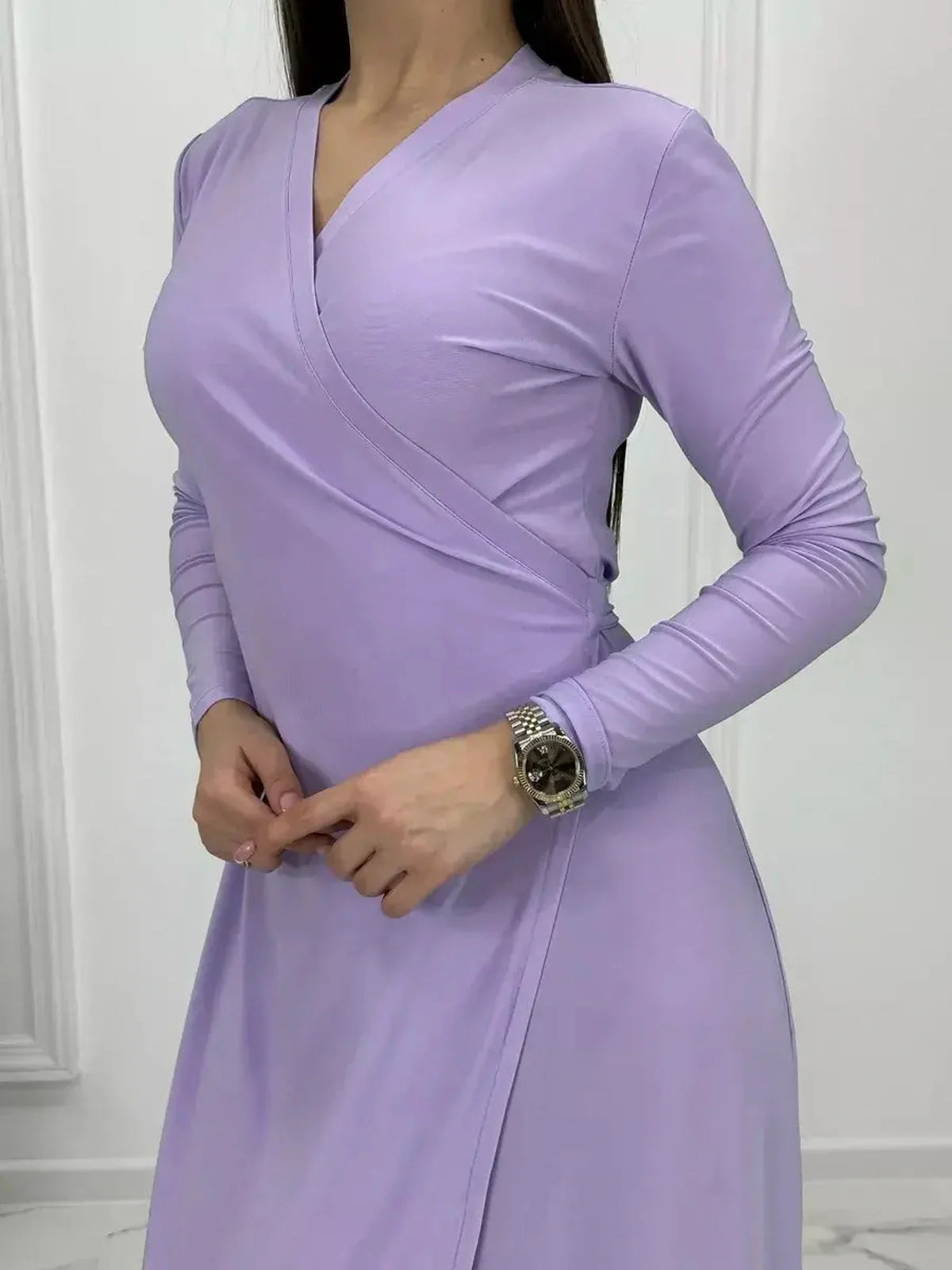 Lilac Mirage Maxi Dress featuring an elegant wrap design with long sleeves, perfect for weddings and special occasions.