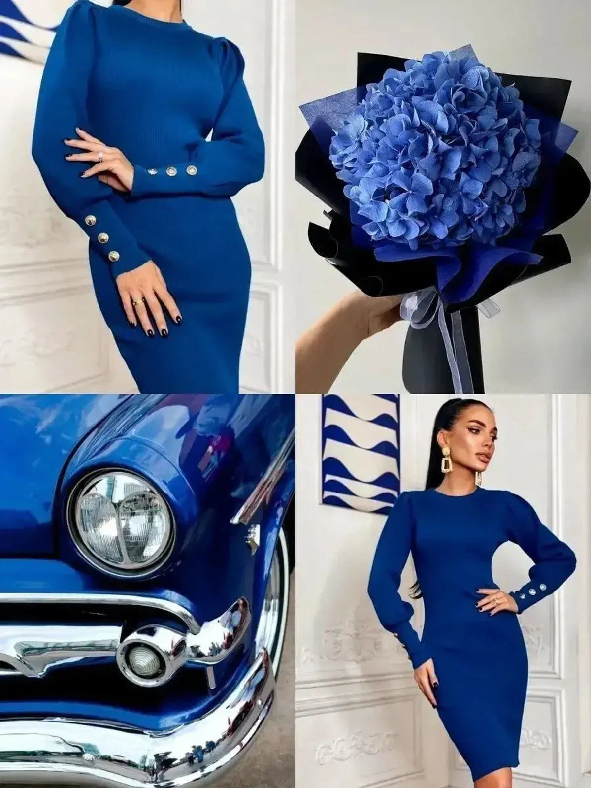 Blue Reign mini dress with structured puffed shoulders and gold-tone buttons, complemented by blue flower bouquet and vintage car.