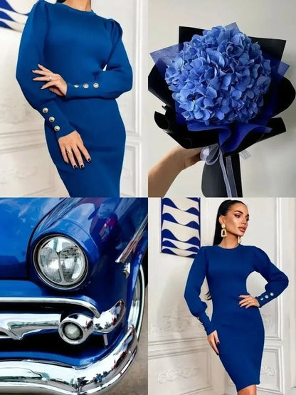 Blue Reign mini dress with structured puffed shoulders and gold-tone buttons, complemented by blue flower bouquet and vintage car.