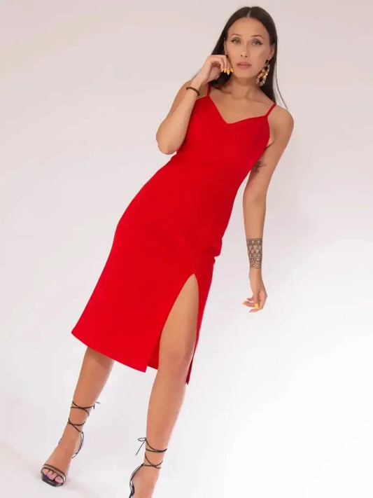 Red midi dress with a sultry silhouette, featuring a daring front slit and delicate straps, perfect for formal occasions.