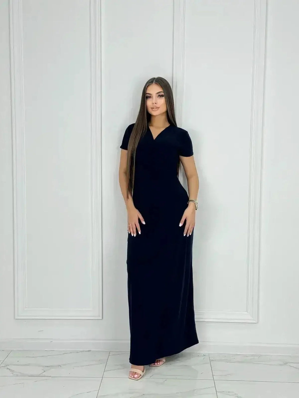 Elegant Eclipse Maxi Dress in navy with sleek wrap bodice, perfect for summer, weddings, and formal occasions.
