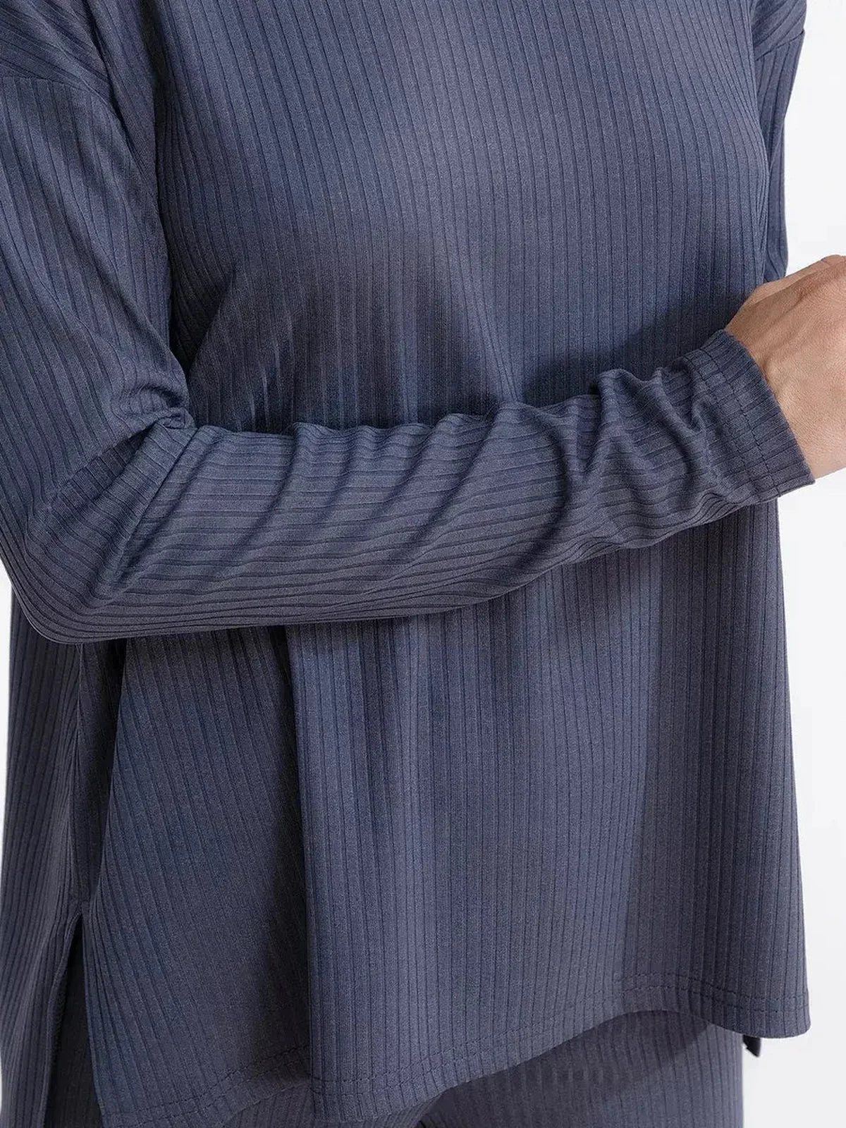 Oversized ribbed knit long-sleeve top in slate gray for comfortable loungewear style.