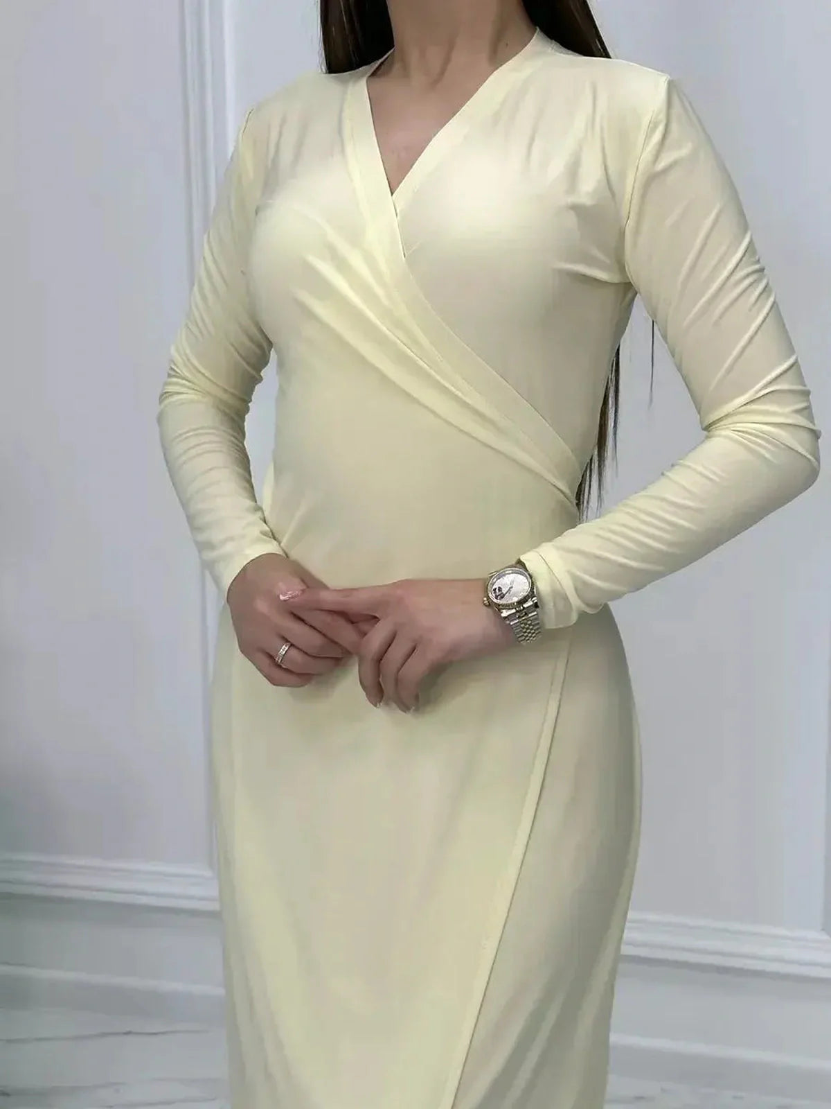 Sleek Celeste Wrap Maxi Dress in buttercream with refined draping, perfect for summer events and elegant occasions.