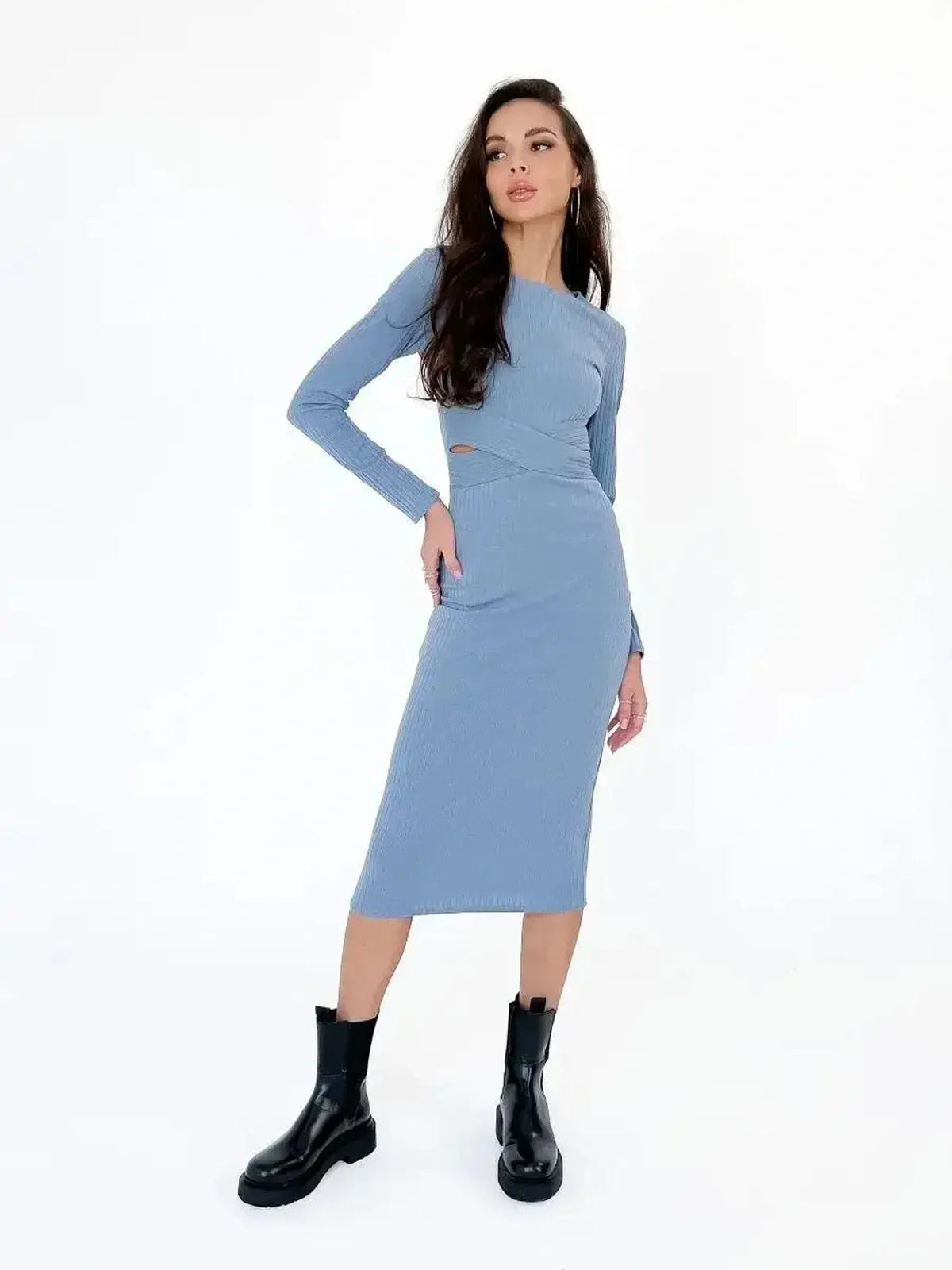 Slate Allure Midi Dress in blue with ribbed texture and cutout detail, perfect for wedding guest or cocktail events.
