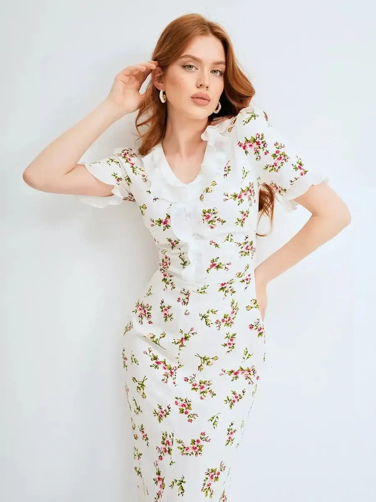 Elegant Roselle Midi Dress with ruffle collar and floral print, perfect for summer weddings and special occasions.