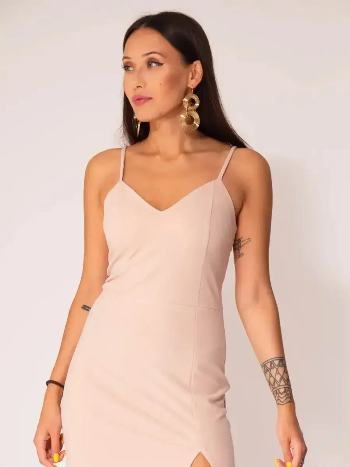 Elegant Serene Charm Midi Dress with slim straps and a thigh-high slit, perfect for weddings and formal events.