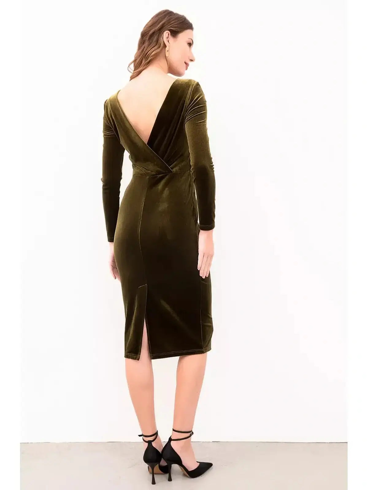 Back view of a stylish Velour Grace Midi Dress in khaki velvet, featuring an open-back design and a sleek silhouette.
