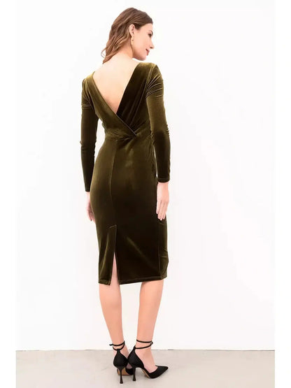 Back view of a stylish Velour Grace Midi Dress in khaki velvet, featuring an open-back design and a sleek silhouette.