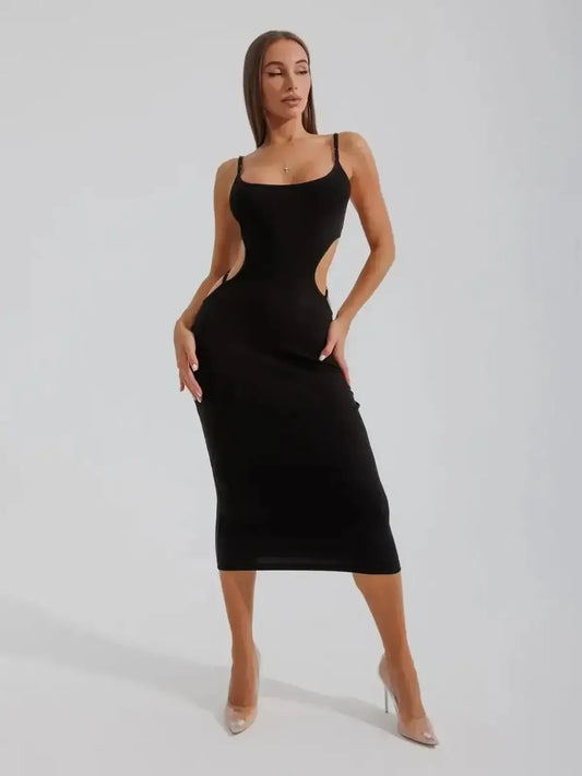 Model wearing a Midnight Silhouette Midi Dress with curve-hugging cutouts, perfect for cocktail, prom, or wedding guest occasions.