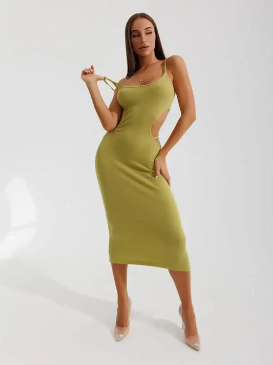 Sculpt Cutout Midi Dress in pistachio with side cut-outs, perfect for summer, weddings, and formal occasions.
