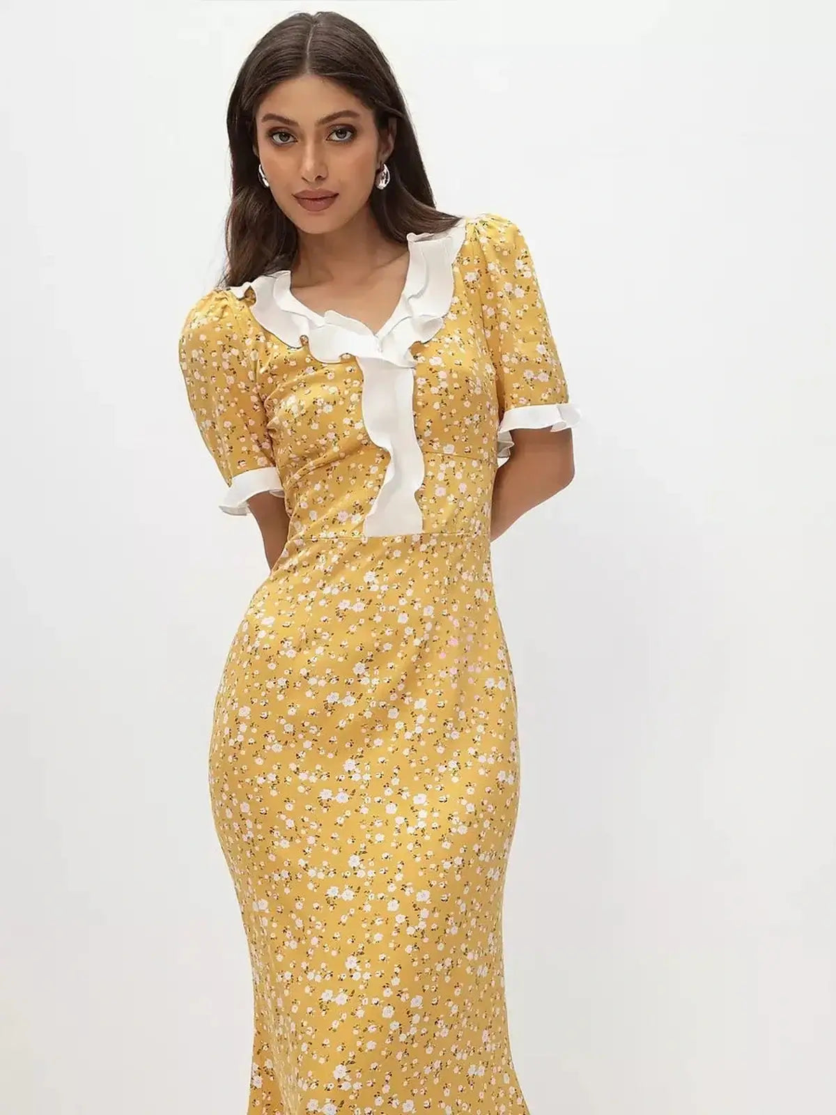 Golden Muse Midi Dress in yellow floral with ruffles and white collar, perfect for summer, weddings, and special occasions.
