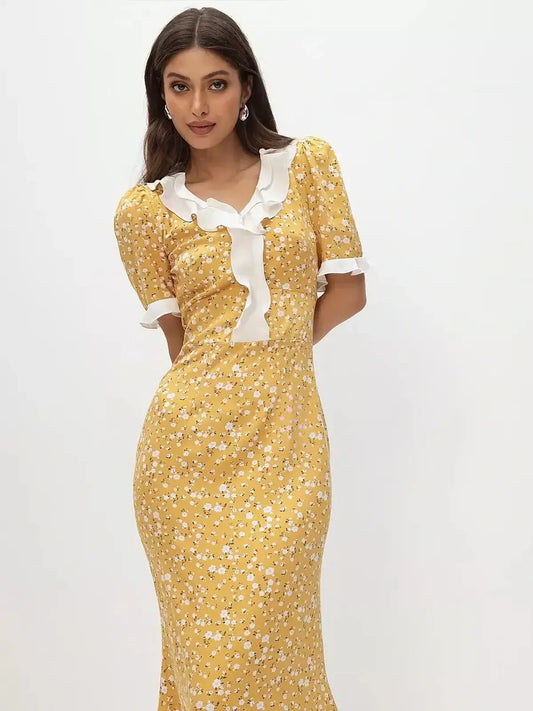 Golden Muse Midi Dress in yellow floral with ruffles and white collar, perfect for summer, weddings, and special occasions.