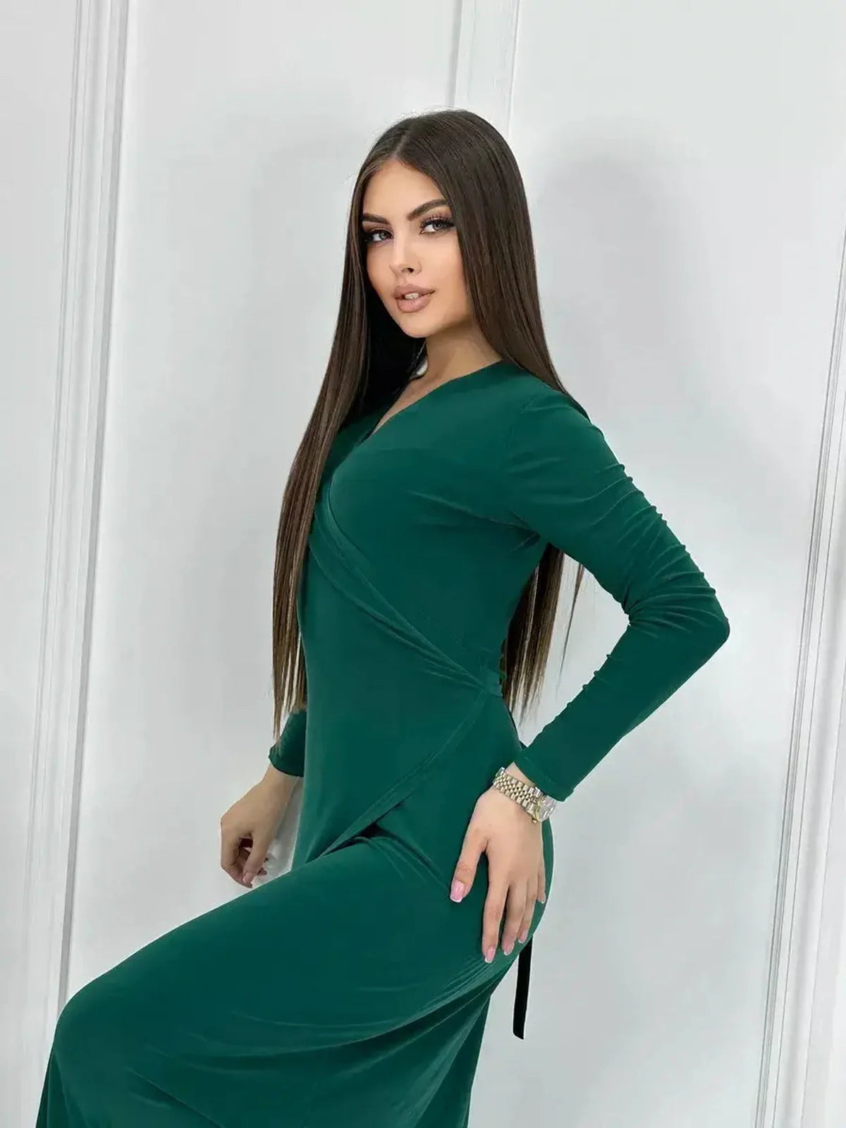 Emerald Allure Maxi Dress showcasing an elegant wrap design, perfect for weddings, proms, and special occasions.