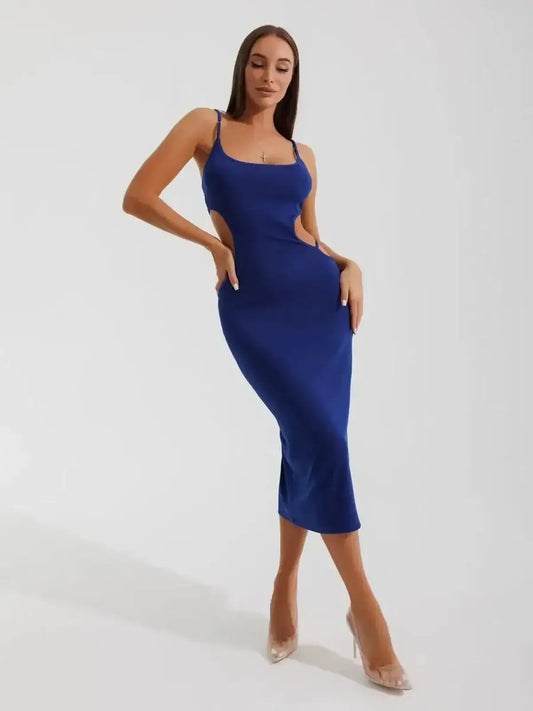 Elegant cornflower blue Sculpt Midi Dress featuring side cut-outs for a flattering, bold silhouette.