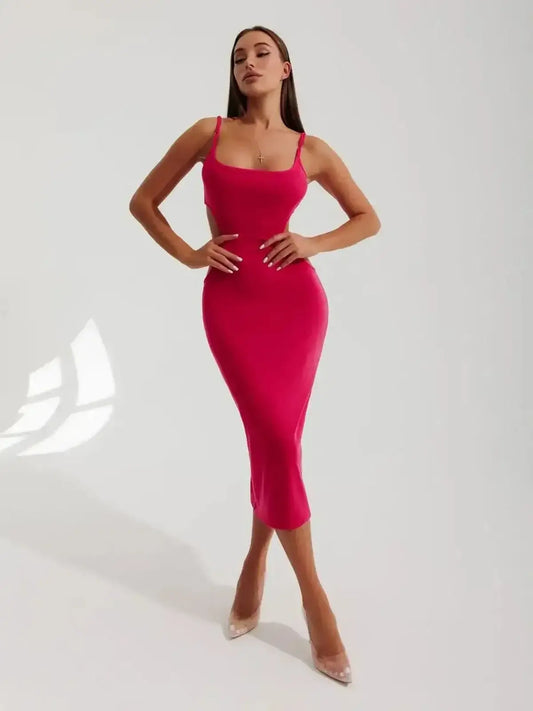 Sculpt Midi Dress in vibrant pink, featuring contour cutouts and a figure-hugging fit, ideal for summer events or special occasions.