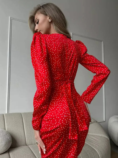 Starlight Midi Dress in red satin with white polka dots, showcasing a sophisticated back view and elegant silhouette.