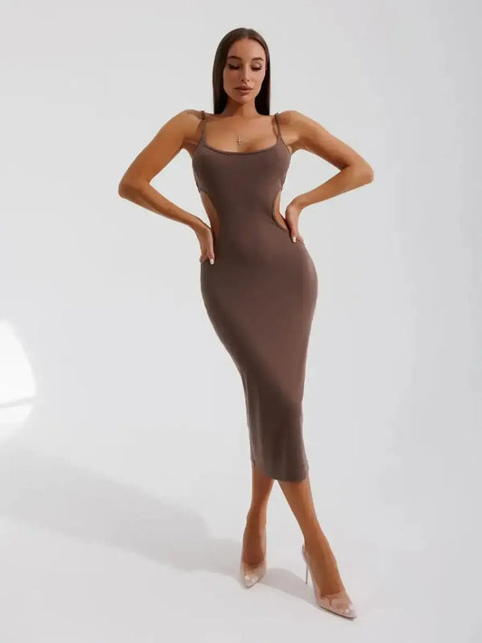 Obsidian Curve Midi Dress featuring side cut-outs and slim straps, perfect for wedding guest and cocktail events.