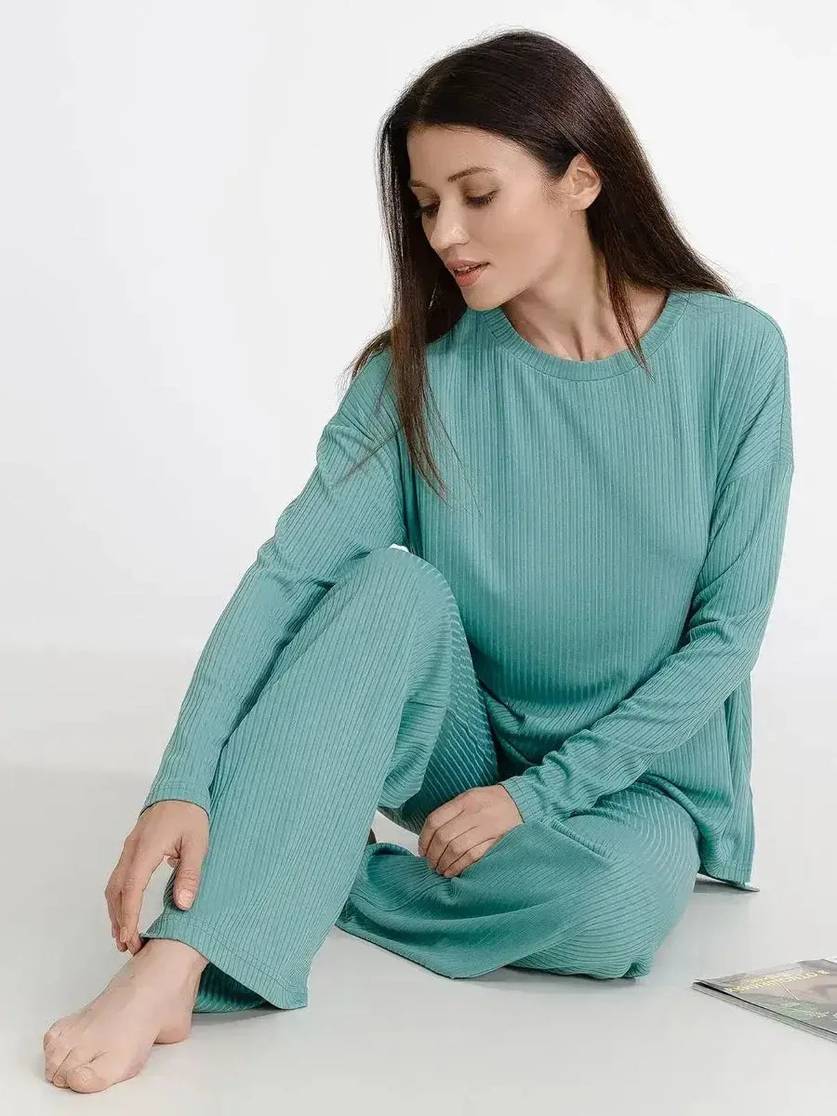 Relaxed fit mint lounge set for women, featuring soft ribbed fabric and oversized silhouette for stylish comfort.
