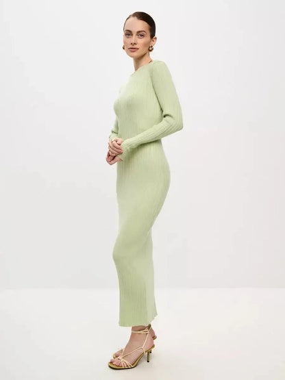 Celery Luxe Maxi Dress showcasing a sculpted ribbed fit, perfect for weddings, proms, and summer occasions.