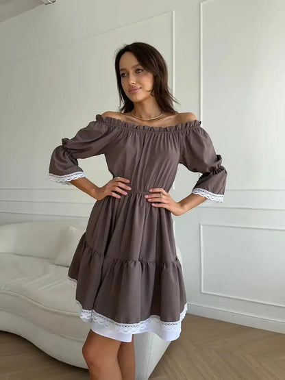 Elegant off-shoulder Mocha Muse mini dress featuring ruffle trim, perfect for summer weddings and casual outings.
