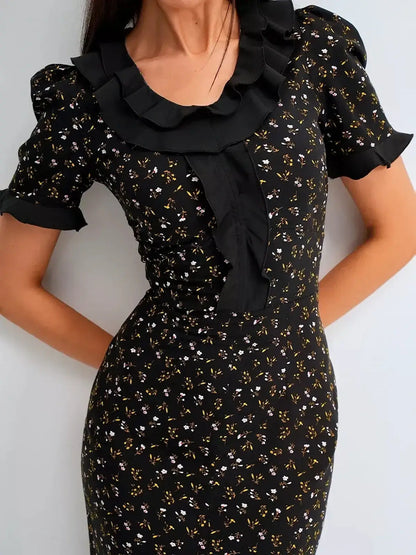 Elegant black midi dress featuring floral prints and ruffles, perfect for weddings, prom, and summer occasions.