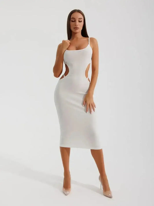 Elegant white midi dress with side cutouts, perfect for weddings, parties, and sophisticated summer events.