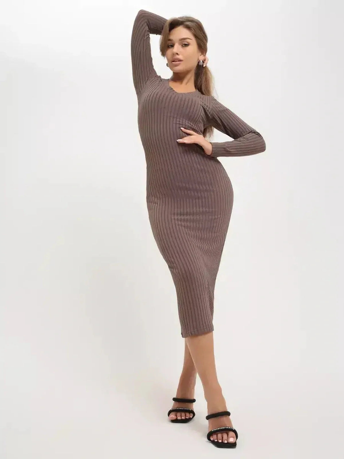 Sleek ribbed Contour Midi Dress in brown, showcasing a sculpted fit perfect for any occasion.