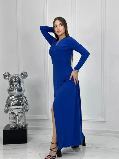 Sculptura Maxi Dress in royal blue, featuring a wrap-style bodice, side slit, perfect for formal events and weddings.