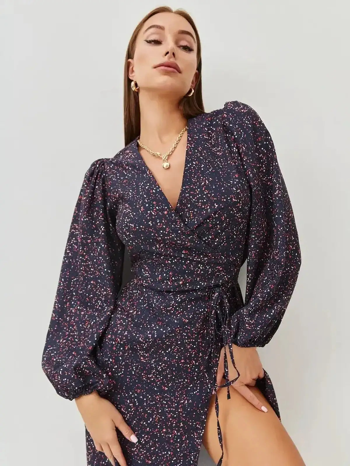 Elegant Midi Dress Nocturne Bloom with side slit and floral micro-print, perfect for weddings and formal occasions.