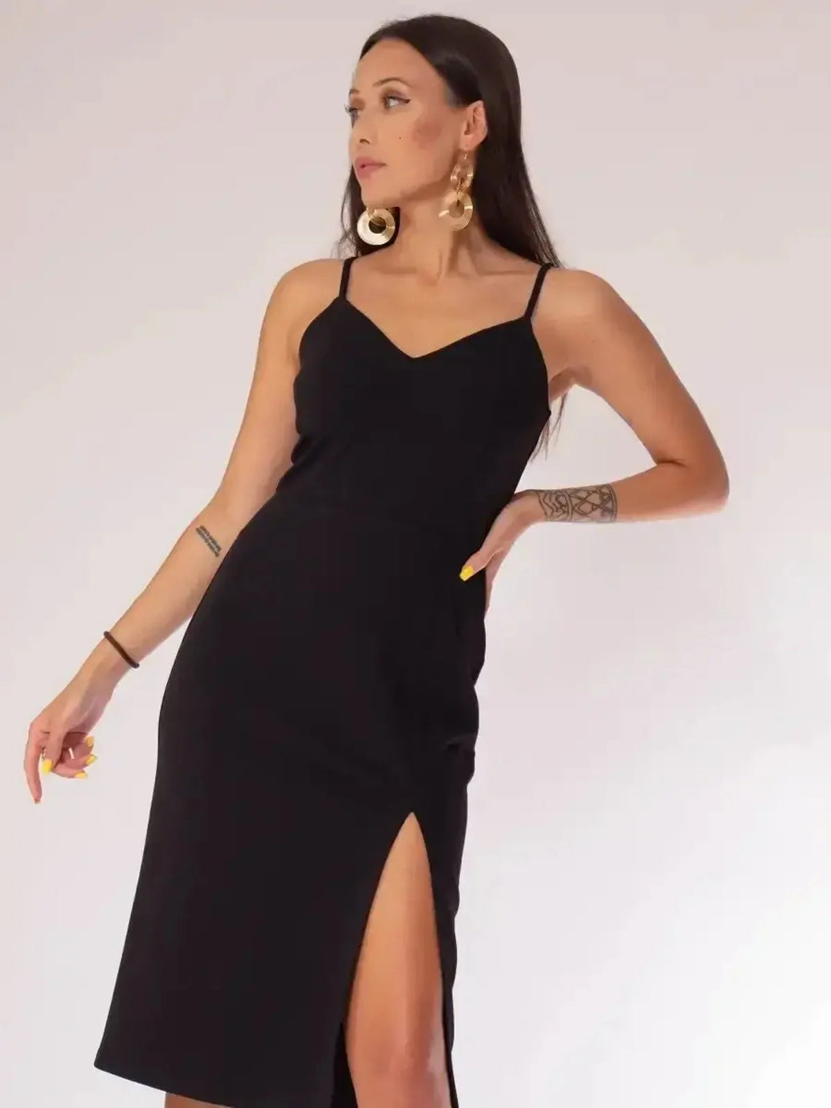 Noir Charm Midi Dress in black featuring a V-neckline and side slit, ideal for weddings and formal events.