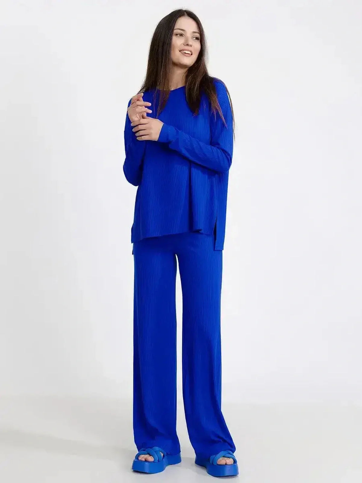 Electric Lounge Set in bold electric blue, showcasing relaxed elegance with oversized silhouette and cozy fit for women.
