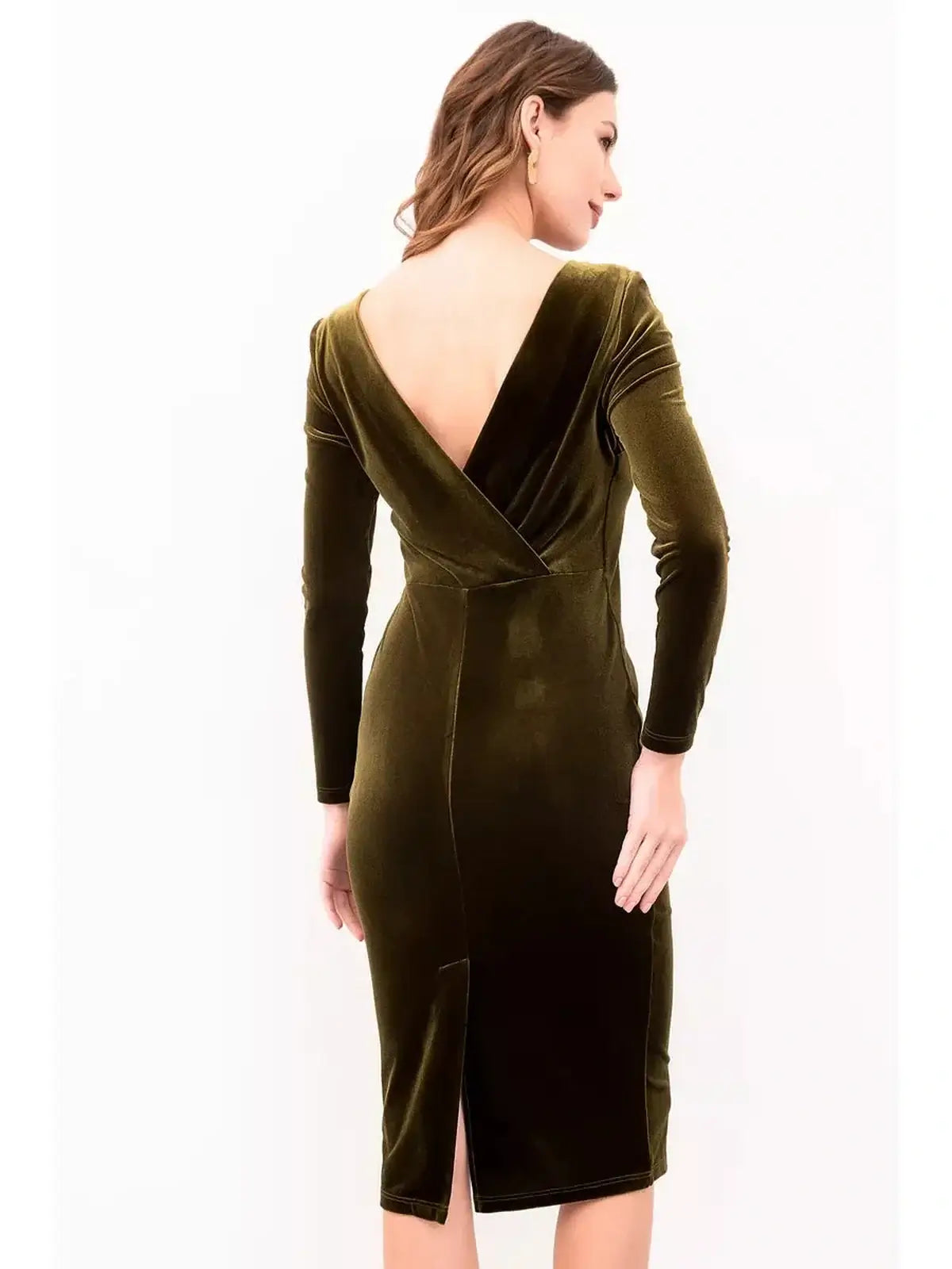 Back view of a sleek Khaki Velour Grace Midi Dress, showcasing its elegant open back and fitted silhouette.