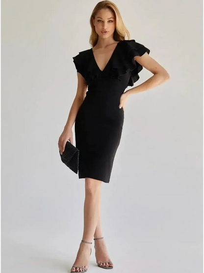 Elegant black mini dress with ruffle sleeves and deep V-neckline, ideal for formal events and weddings.
