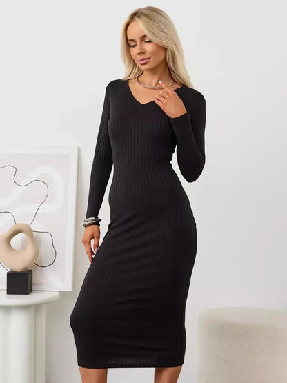 Sleek black Muse Midi Dress with long sleeves and V-neckline, perfect for weddings, prom, and formal occasions.