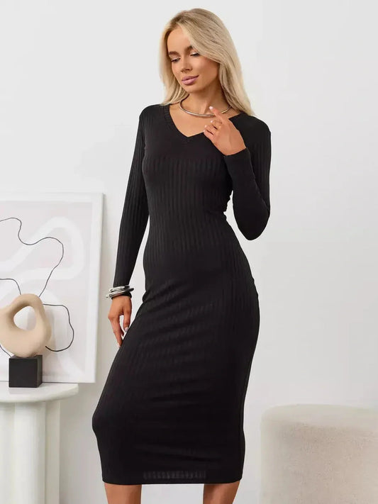Sleek black Muse Midi Dress with long sleeves and V-neckline, perfect for weddings, prom, and formal occasions.