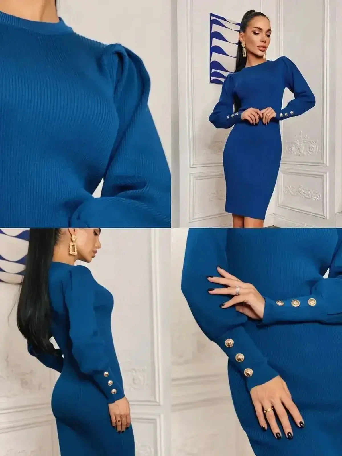 Elegant blue mini dress featuring ribbed knit, puffed shoulders, and gold-tone cuff buttons, ideal for formal events.