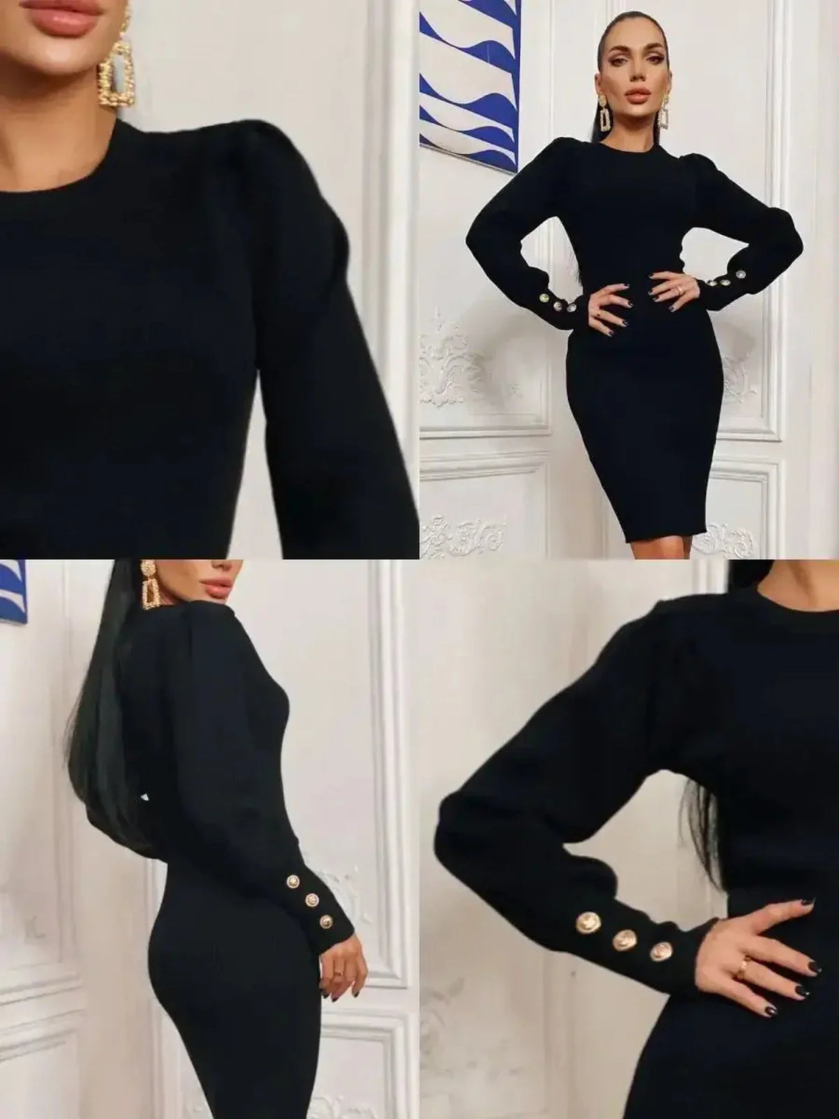 Elegant black mini dress with sculpted design and gold-tone buttons, perfect for weddings and special occasions.