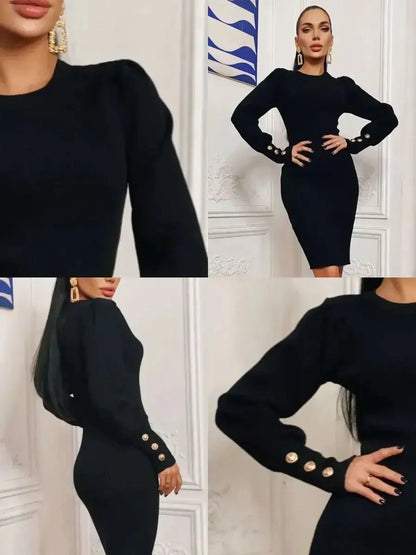 Elegant black mini dress with sculpted design and gold-tone buttons, perfect for weddings and special occasions.