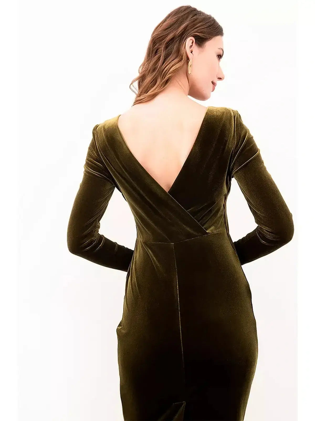 Back view of the Velour Grace Midi Dress, showcasing its elegant open-back design and plush khaki velvet fabric.