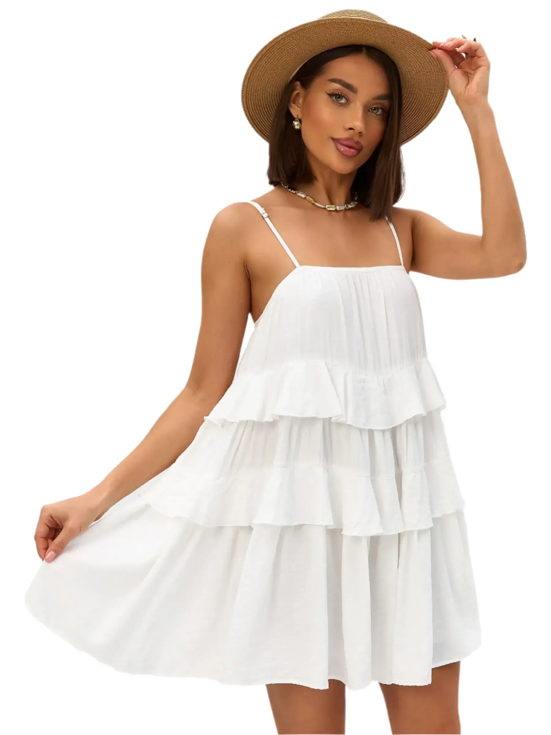 Riviera Ruffle white summer dress with ruffle tiers, perfect for weddings, parties, or casual outings.