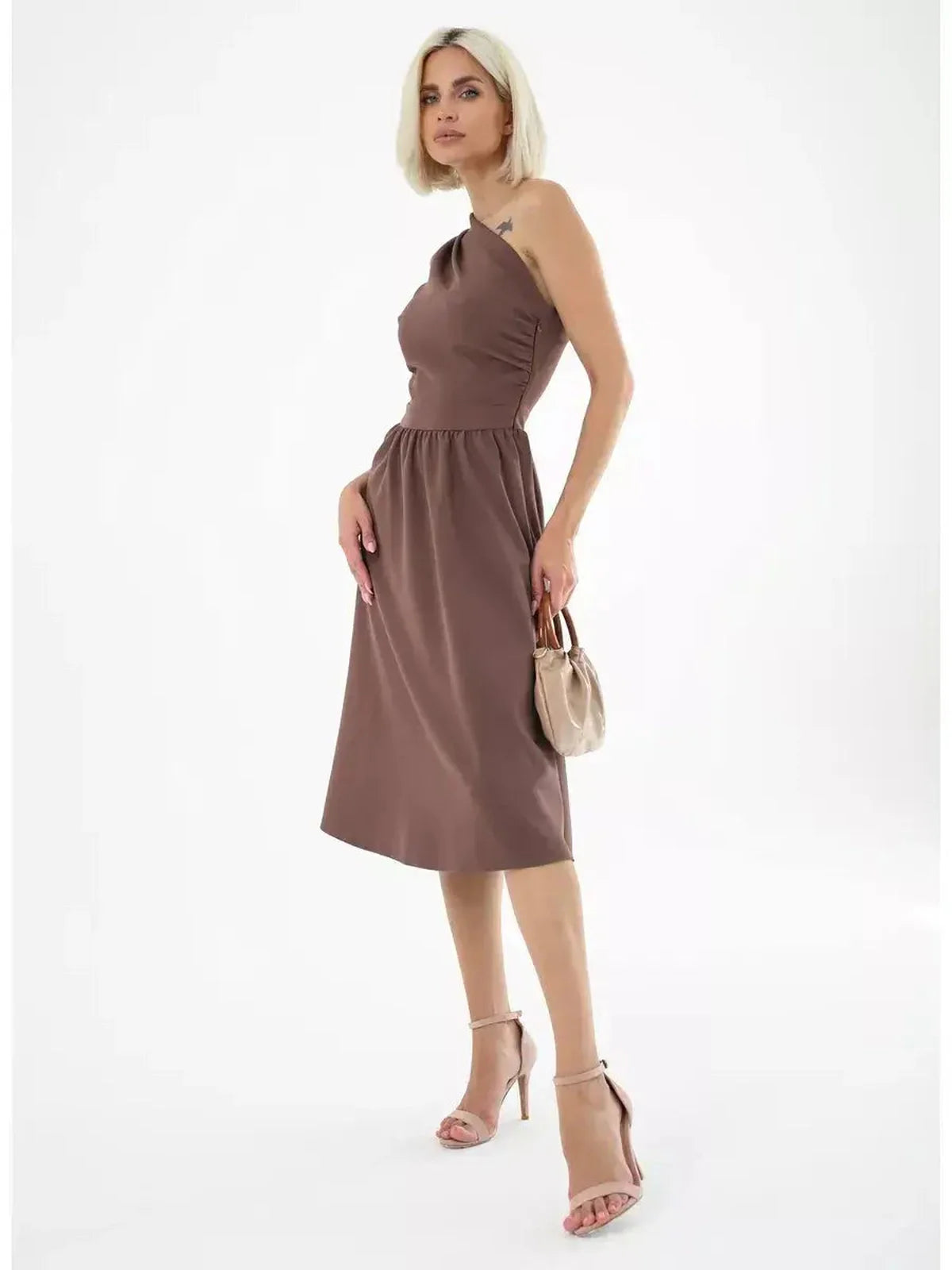 Elegant chocolate brown midi dress with one-shoulder design, perfect for weddings and summer events.