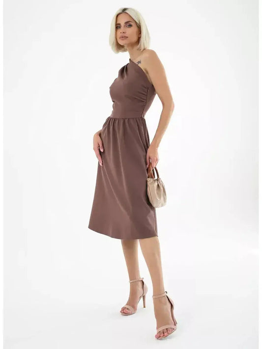 Elegant chocolate brown midi dress with one-shoulder design, perfect for weddings and summer events.