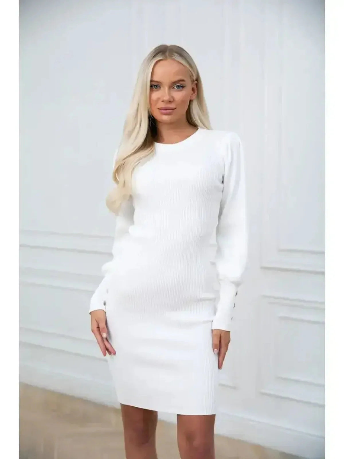 Ivory Curve white dress with long sleeves and fitted silhouette, perfect for weddings, proms, or formal events.