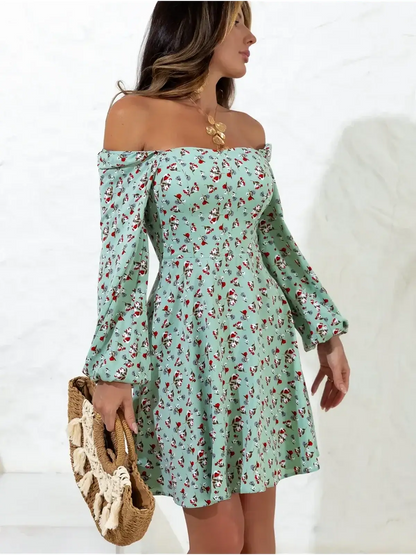 Light green mini dress with floral print, off-shoulder style, perfect for summer weddings and casual outings.