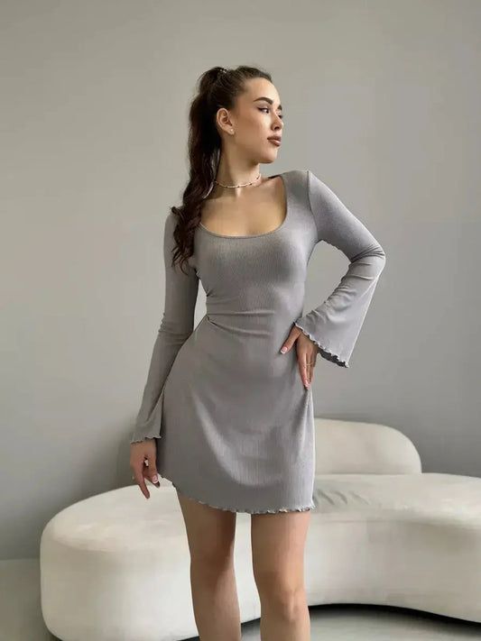 Light gray mini dress with flared sleeves, perfect for summer weddings, proms, or casual outings.