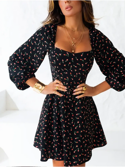 Rose Noir mini dress in black with floral print, puffed long sleeves, and a flattering square neckline for women.