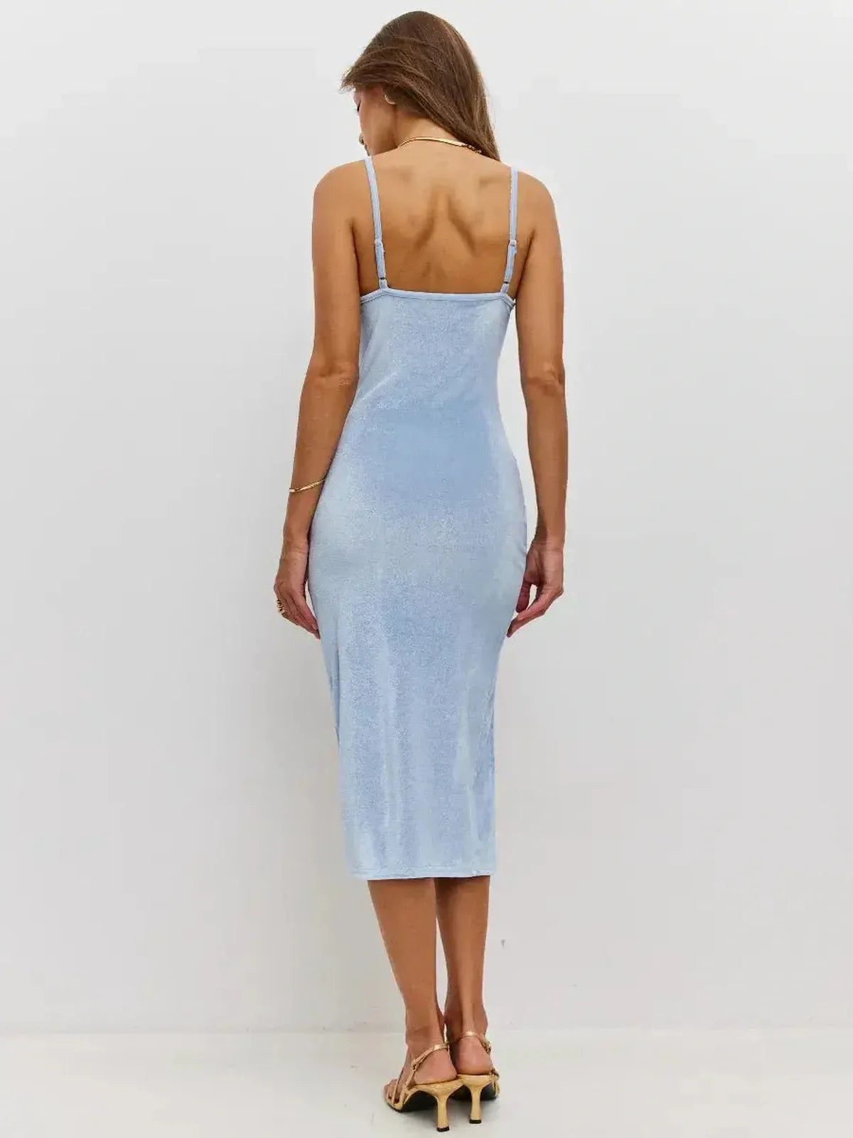 Elegant back view of the Midi Dress Frosted Sky in soft powder blue velvet, perfect for summer events or weddings.