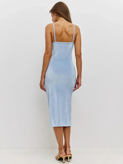 Elegant back view of the Midi Dress Frosted Sky in soft powder blue velvet, perfect for summer events or weddings.