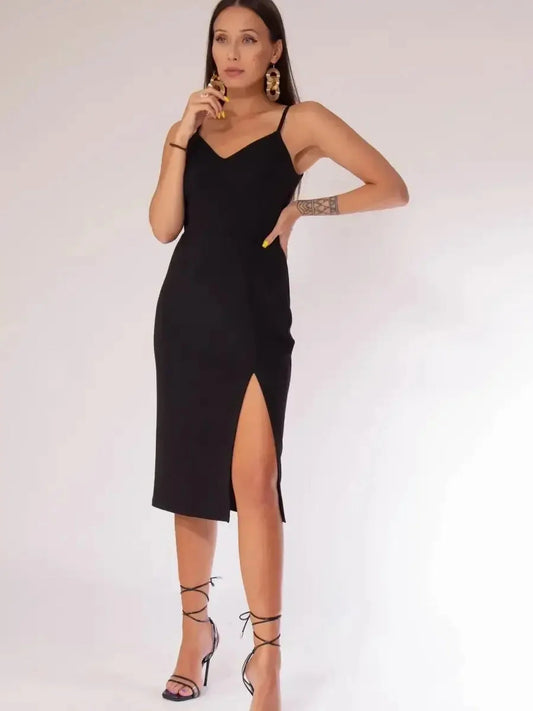 Stylish Noir Charm Midi Dress featuring a V-neckline and side slit, perfect for weddings and formal occasions.