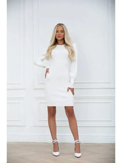 Ivory Curve: Elegant white mini dress with long voluminous sleeves, perfect for weddings or formal occasions.